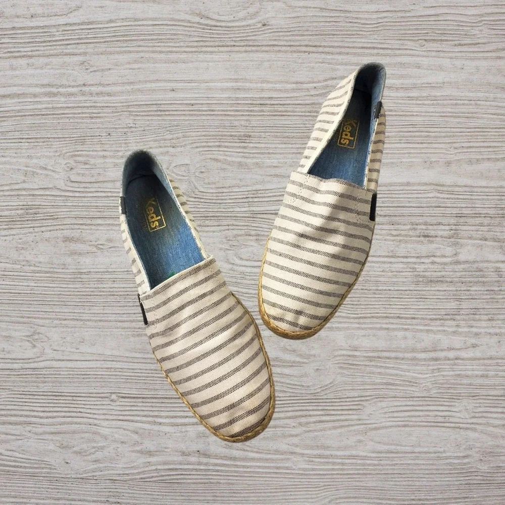 Keds Womens Striped Canvas‎ Espadrille Slip On Sneakers Cream Navy Size 10